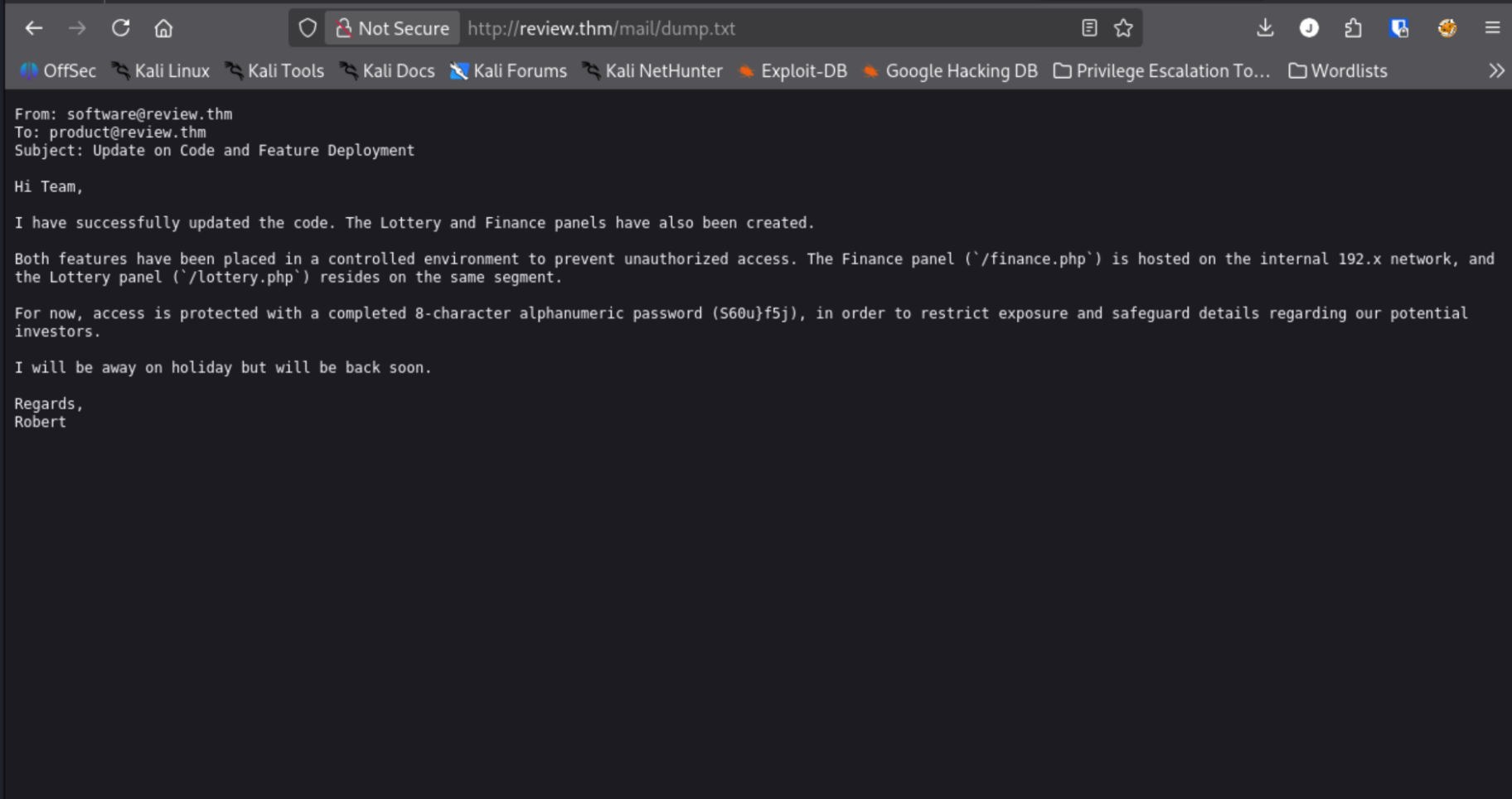 mail contents showing credentials and internal URLs